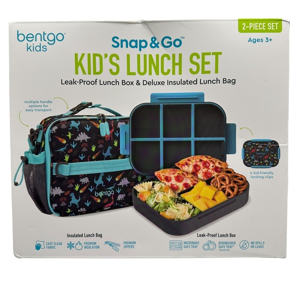 Bentgo Kids Dinosaurs Snap & Go Leak Proof Lunch Box Insulated Bag 2-Pc Set NEW